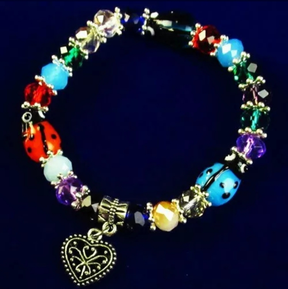 New Millefiori Glass & Crystal Silver Stretch Bracelet.